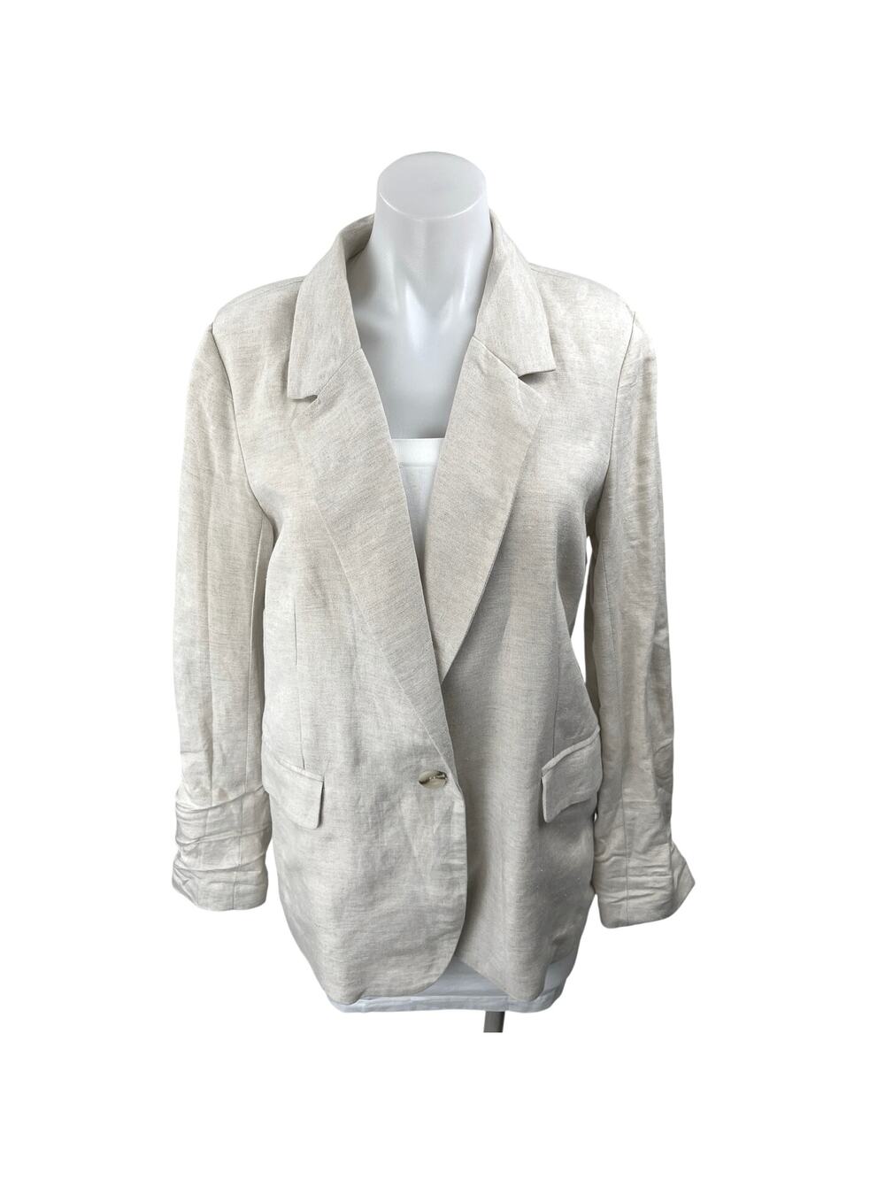 Aqua Beige Linen Notch Lapel Pocket Single Button Blazer Coat Jacket Size S